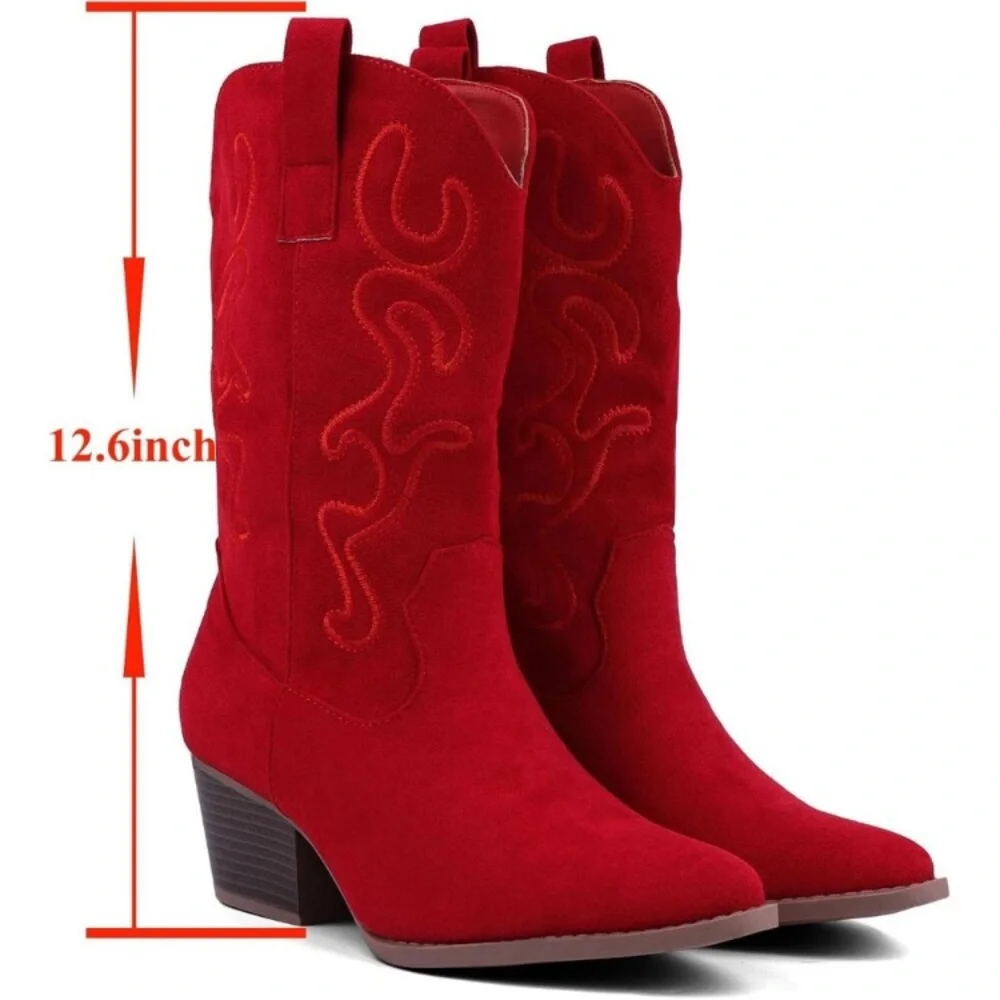 Women Red Suede Mid Calf Chunky Block Heel Western Embroidered Cowgirl Boot - Picture 2 of 8